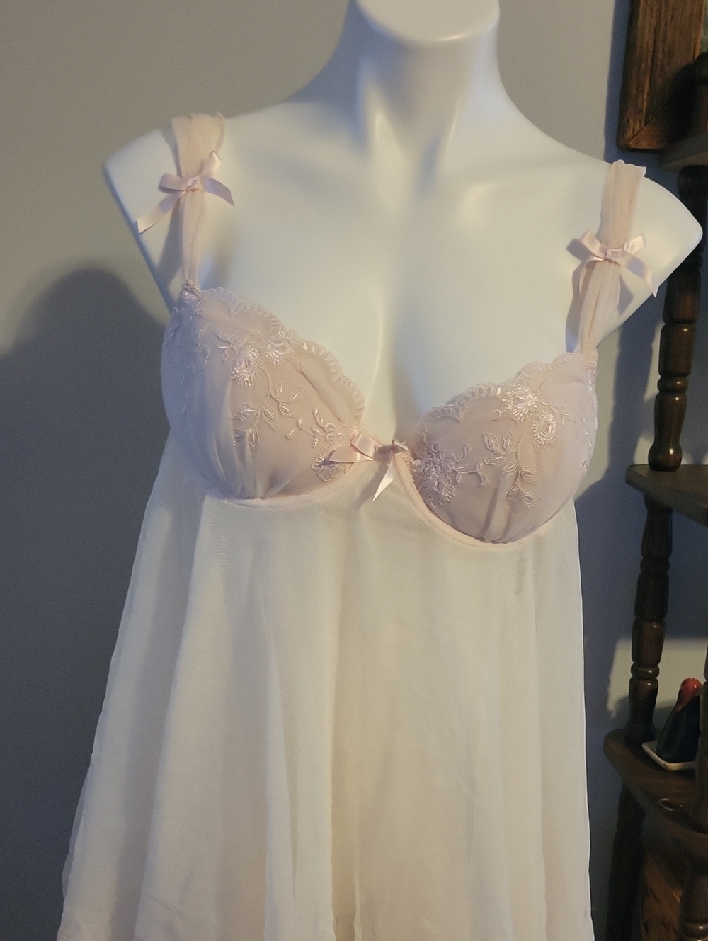 In Bloom Sheer Embroidered Babydoll Chemise in Pale Pink